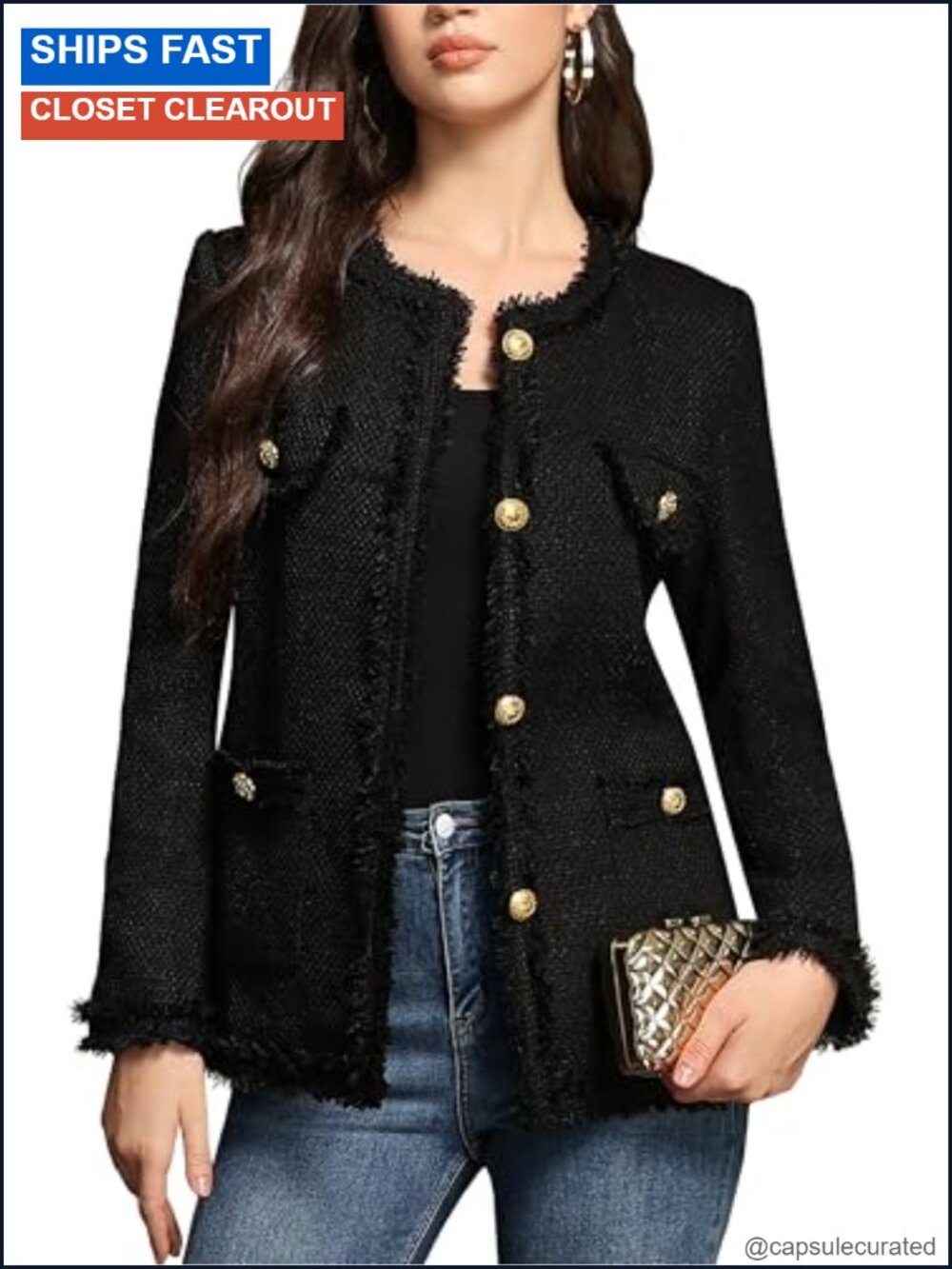 Tweed Blazer Jacket Collarless Long Sleeve Metal Button Pockets